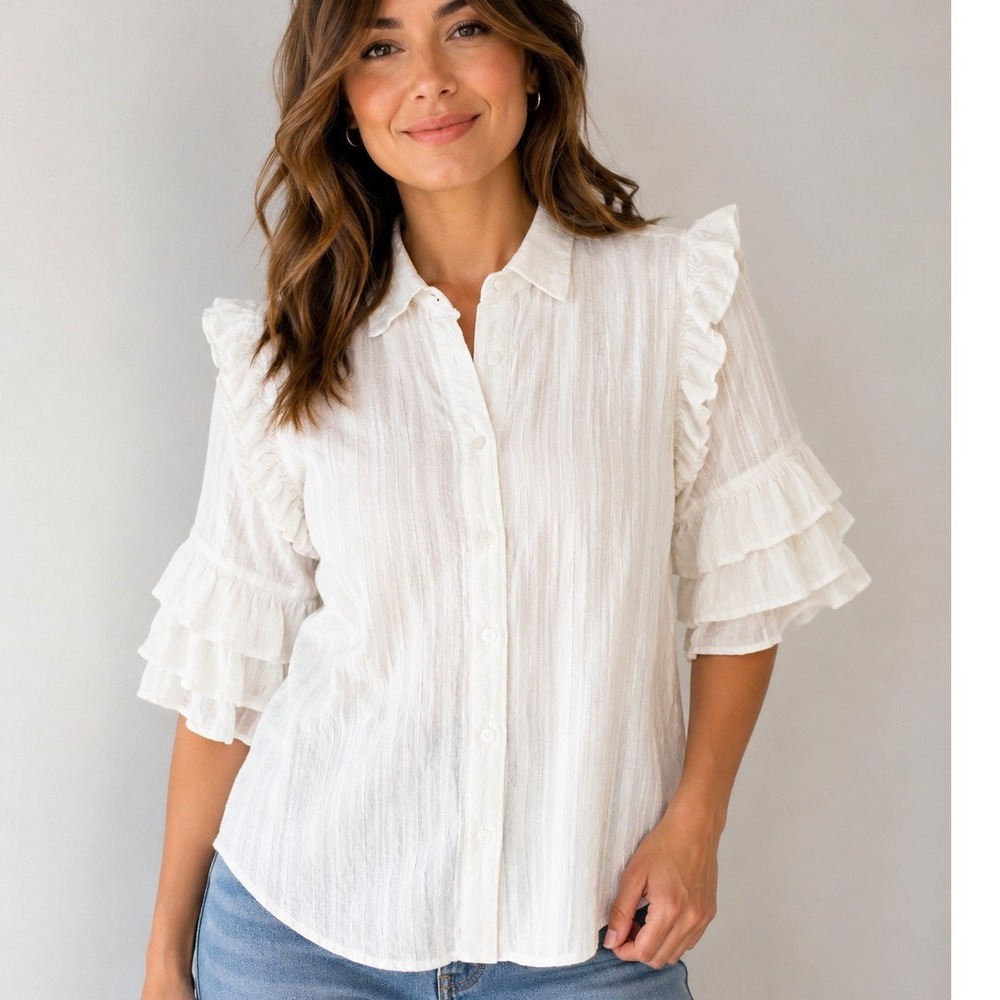 Misa Los Angeles Juana White Ruffle Button Down Tiered Sleeve Shirt Size Medium